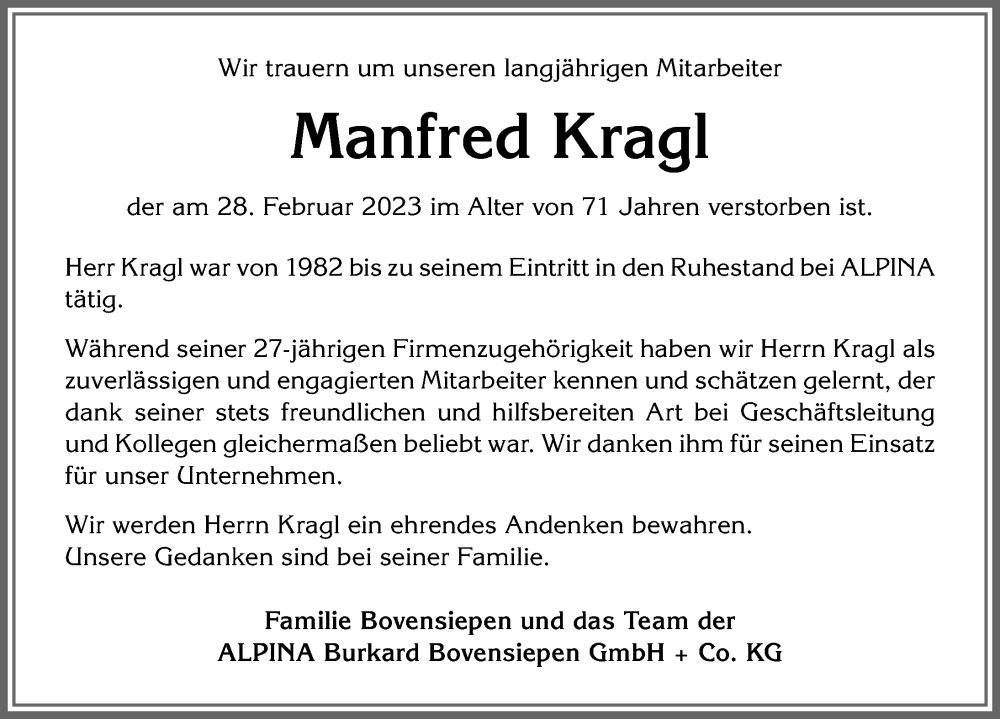 Traueranzeige von Manfred Kragl von Allgäuer Zeitung, Kaufbeuren/Buchloe