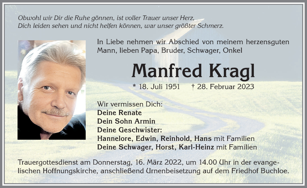 Traueranzeige von Manfred Kragl von Allgäuer Zeitung, Kaufbeuren/Buchloe