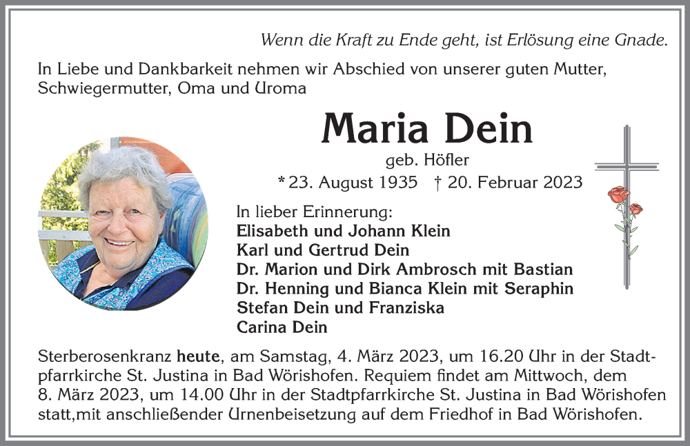 Traueranzeige von Maria Dein von Allgäuer Zeitung, Kaufbeuren/Buchloe