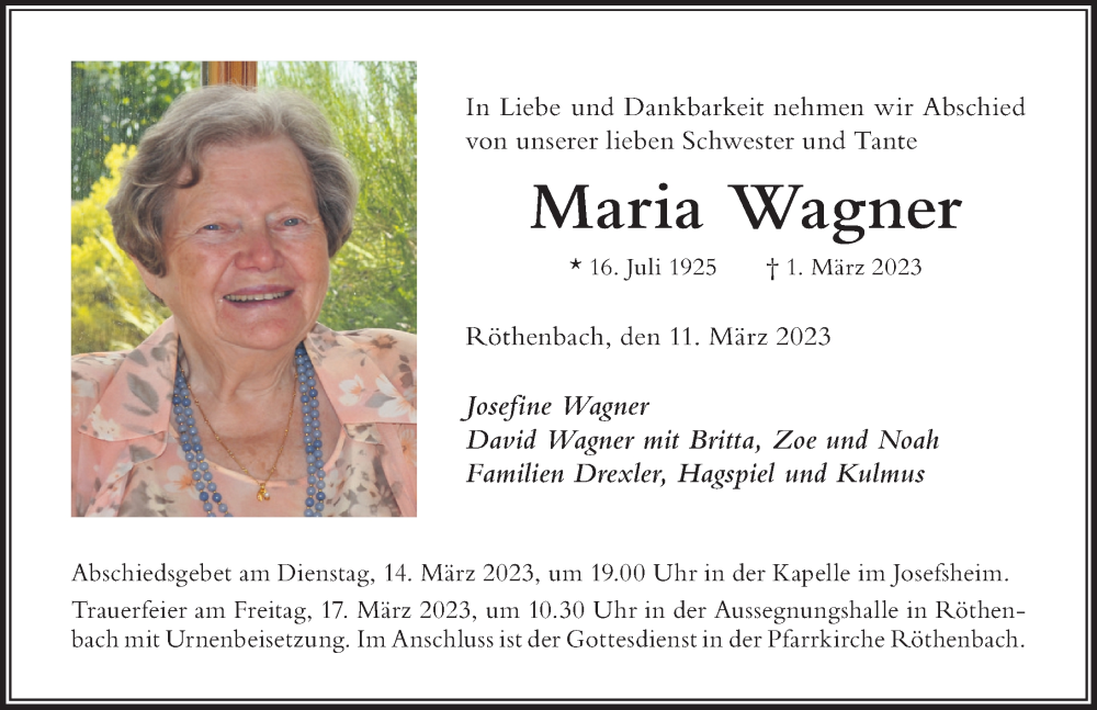 Traueranzeige von Maria Wagner von Der Westallgäuer