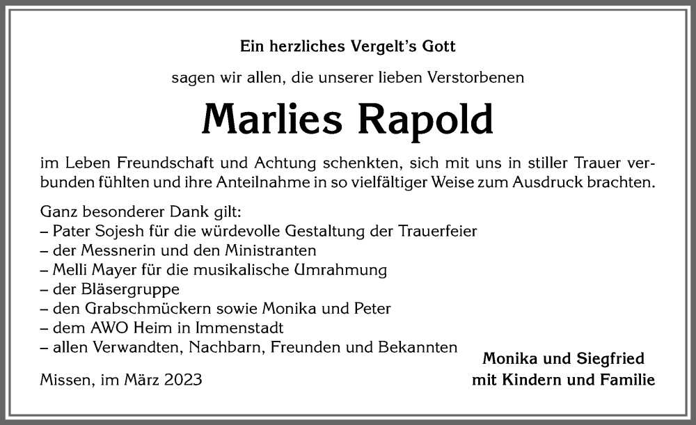 Traueranzeige von Marlies Rapold von Allgäuer Anzeigeblatt