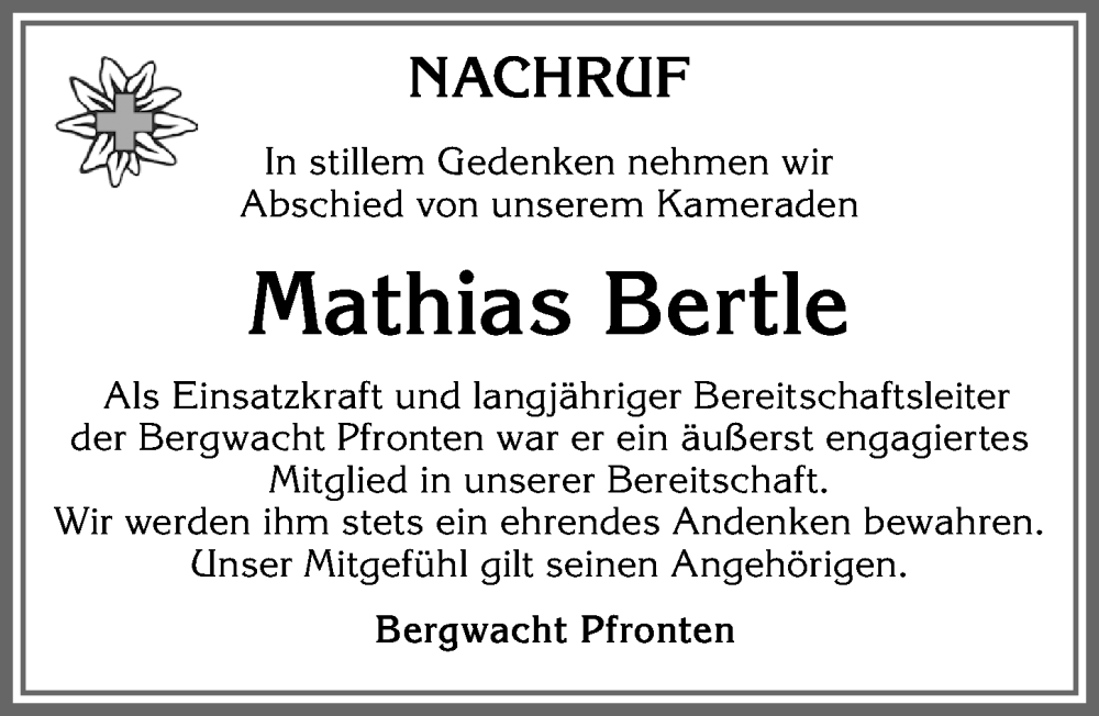 Traueranzeige von Mathias Bertle von Allgäuer Zeitung, Füssen