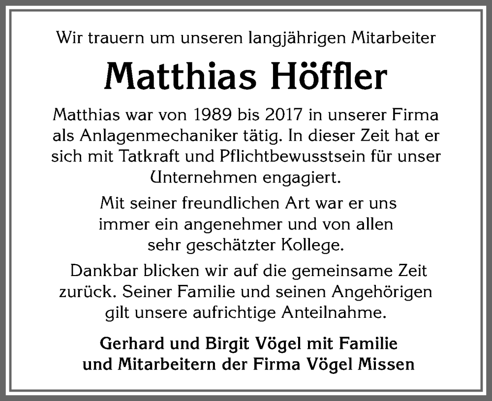 Traueranzeige von Matthias Höffler von Allgäuer Anzeigeblatt