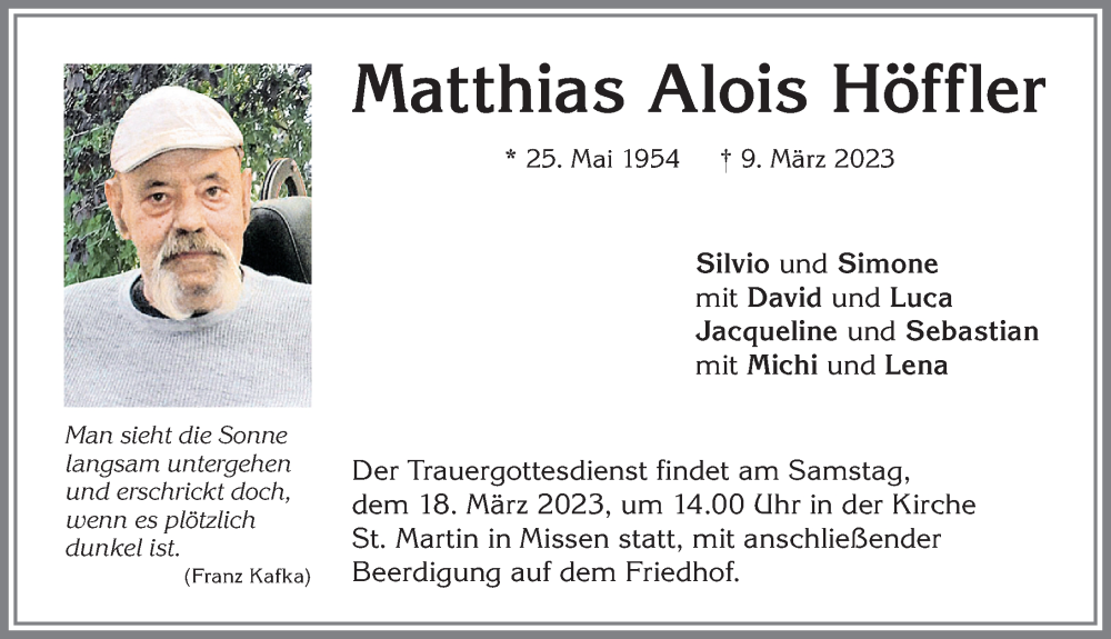 Traueranzeige von Matthias Alois Höffler von Allgäuer Anzeigeblatt