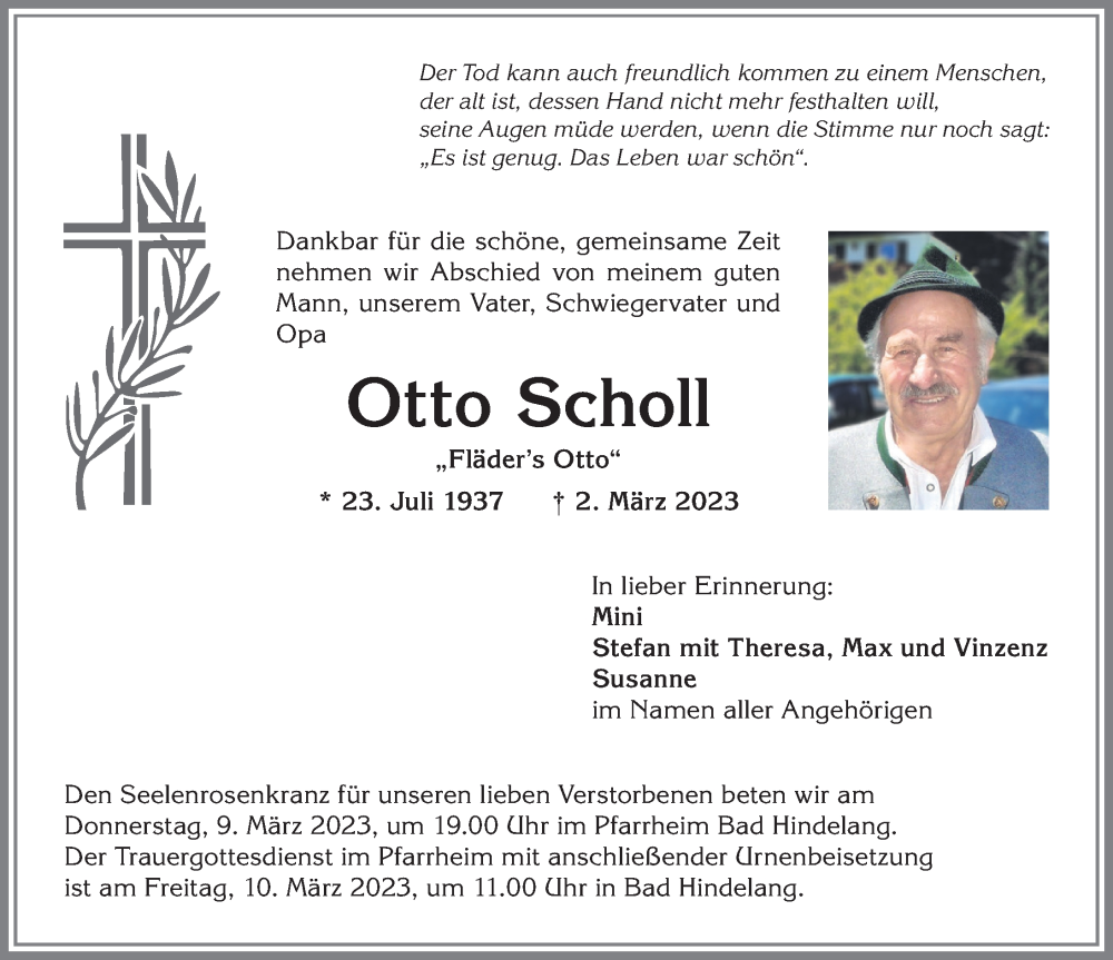 Traueranzeige von Otto Scholl von Allgäuer Anzeigeblatt