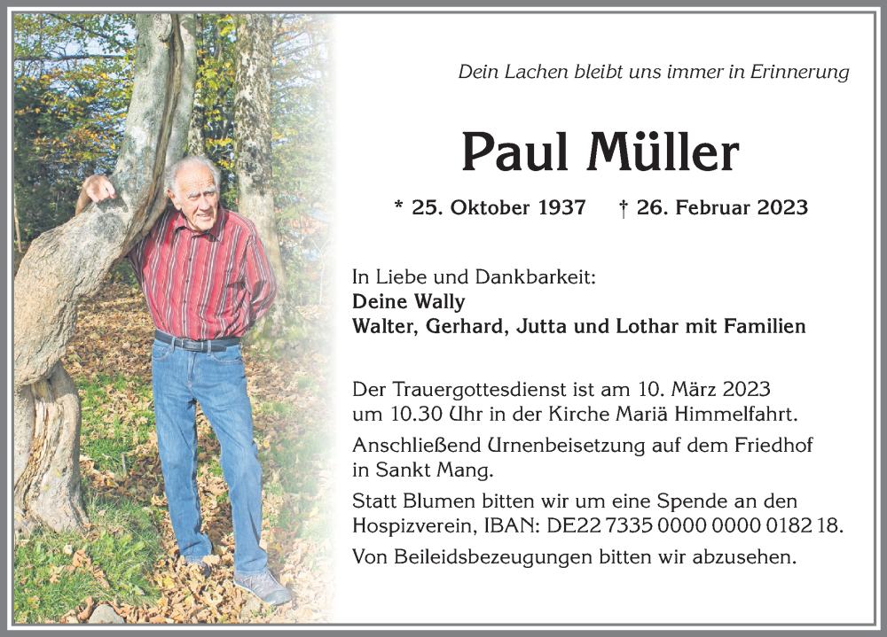 Traueranzeige von Paul Müller von Allgäuer Zeitung,Kempten