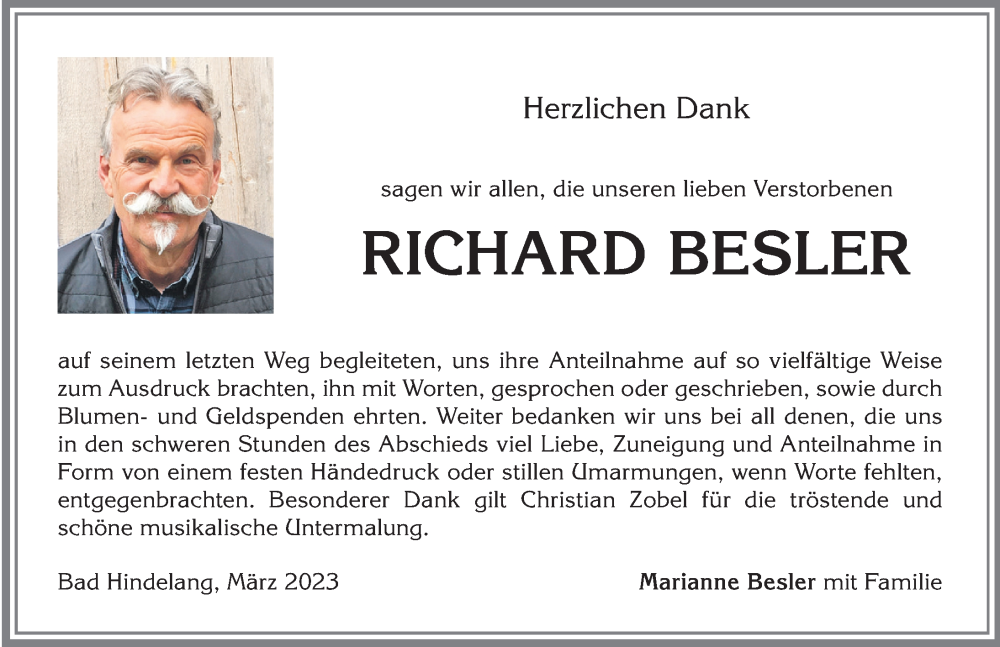 Traueranzeige von Richard Besler von Allgäuer Anzeigeblatt