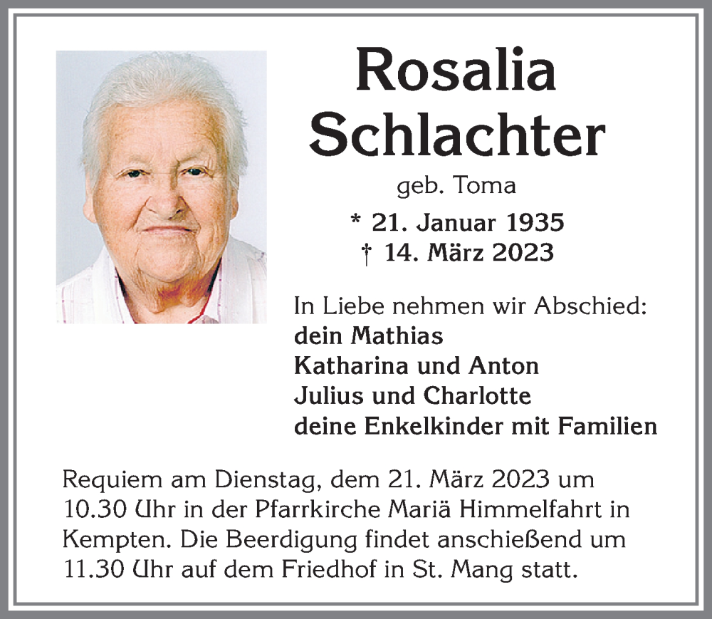 Traueranzeige von Rosalia Schlachter von Allgäuer Zeitung,Kempten