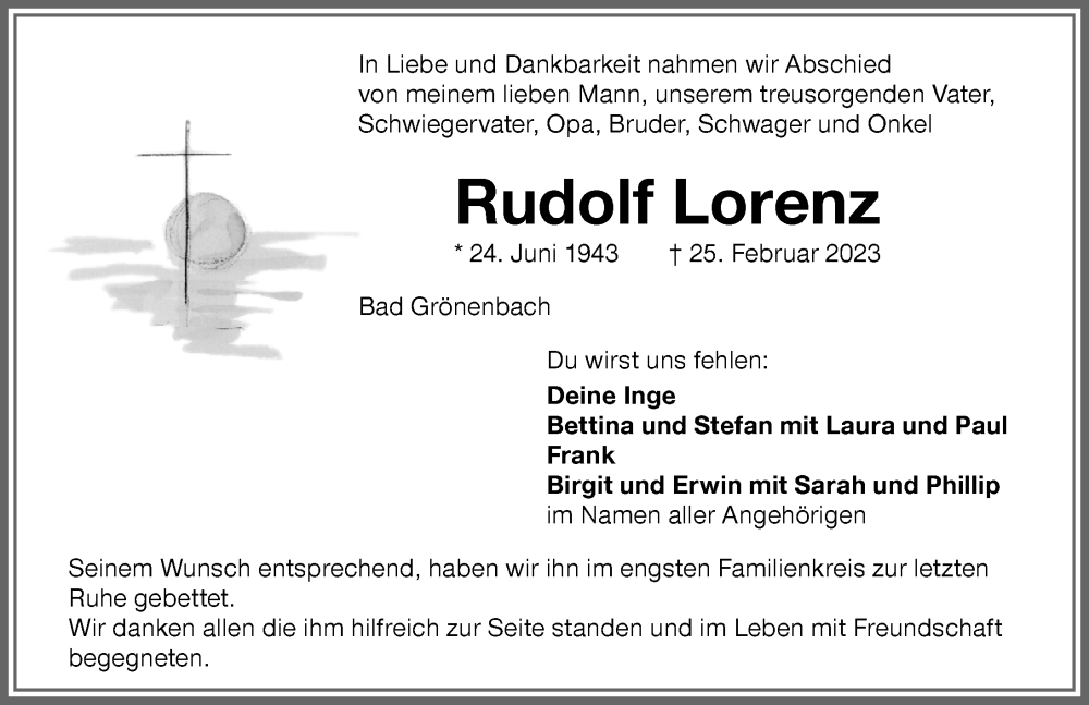 Traueranzeige von Rudolf Lorenz von Memminger Zeitung