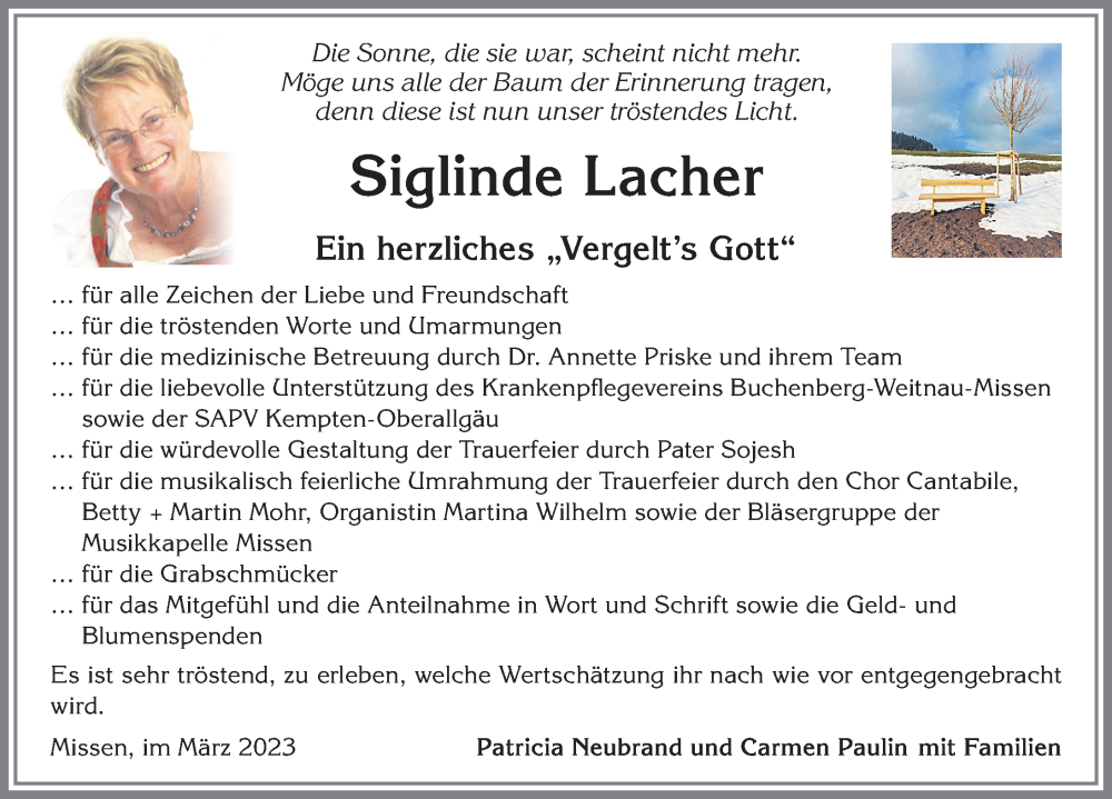 Traueranzeige von Siglinde Lacher von Allgäuer Anzeigeblatt