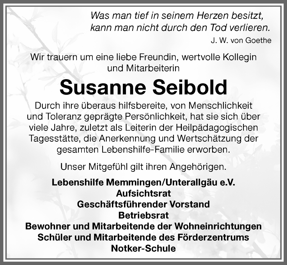 Traueranzeige von Susanne Seibold von Memminger Zeitung