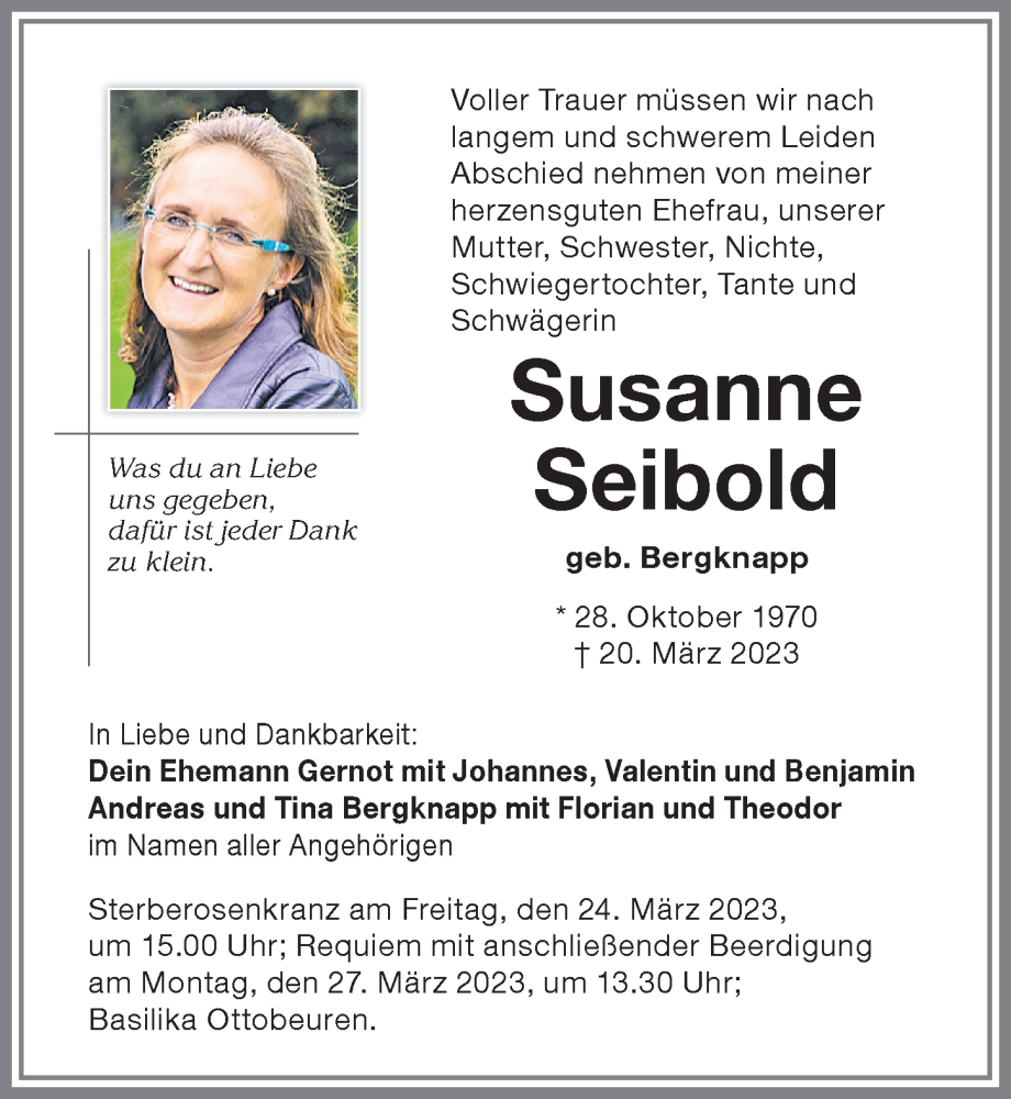 Traueranzeige von Susanne Seibold von Allgäuer Zeitung, Kaufbeuren/Buchloe
