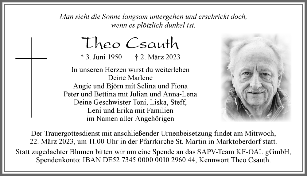  Traueranzeige für Theo Csauth vom 18.03.2023 aus Allgäuer Zeitung, Marktoberdorf