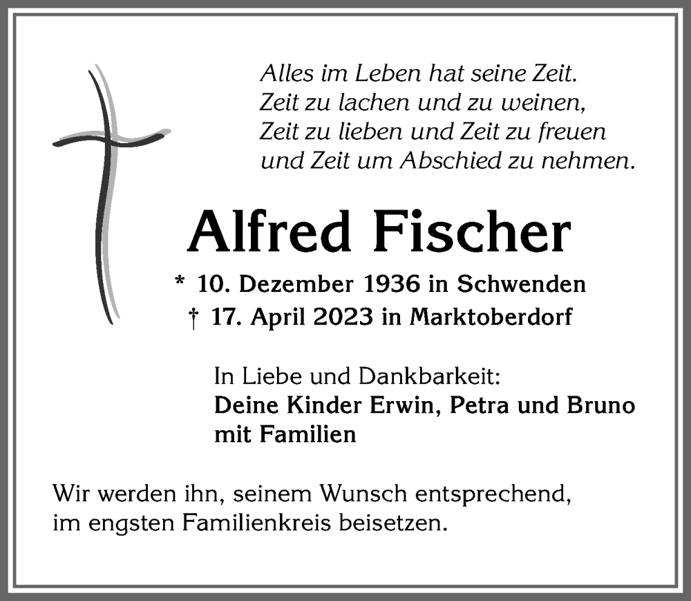 Traueranzeigen von Alfred Fischer | Augsburger Allgemeine Zeitung