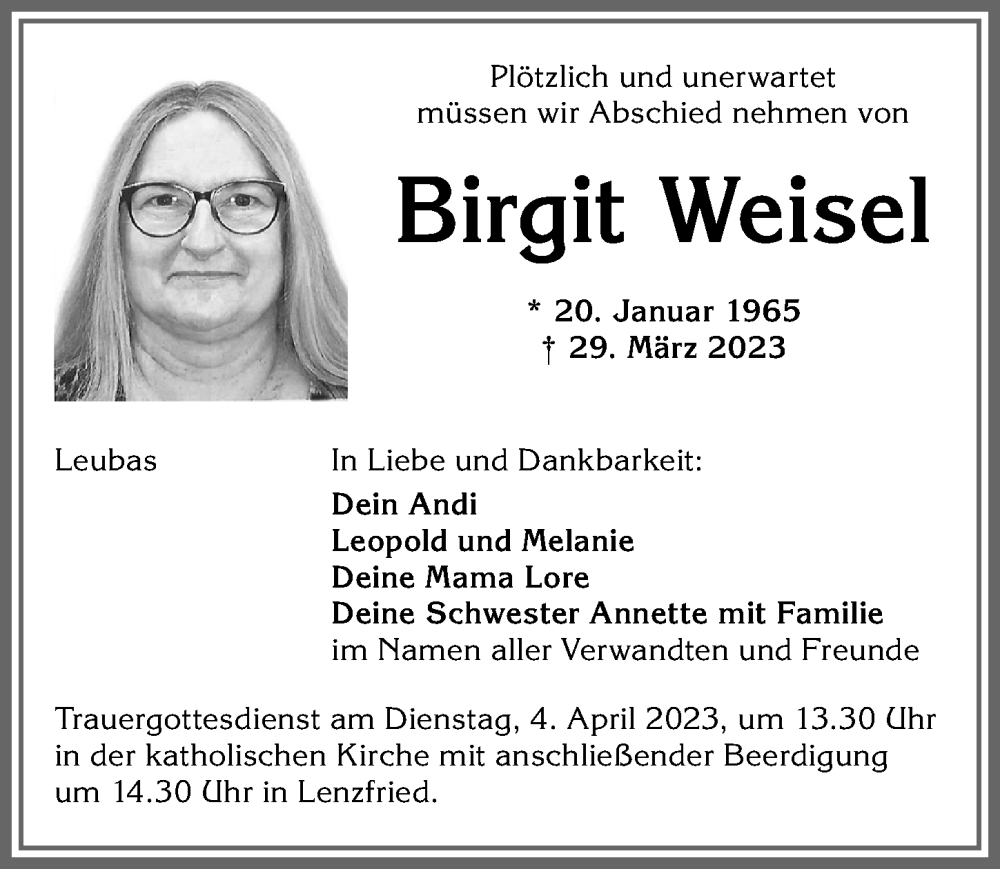  Traueranzeige für Birgit Weisel vom 01.04.2023 aus Allgäuer Zeitung,Kempten