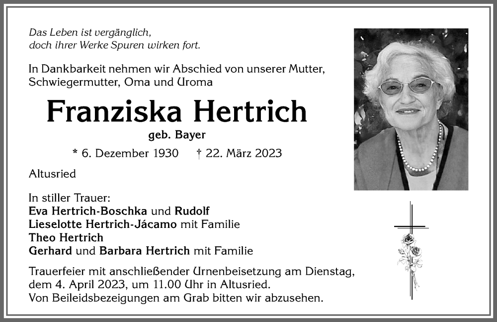 Traueranzeige von Franziska Hertrich von Allgäuer Zeitung,Kempten