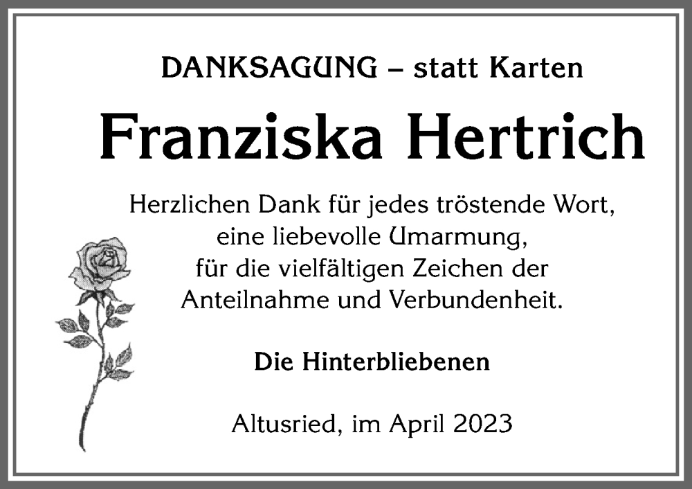 Traueranzeige von Franziska Hertrich von Allgäuer Zeitung,Kempten