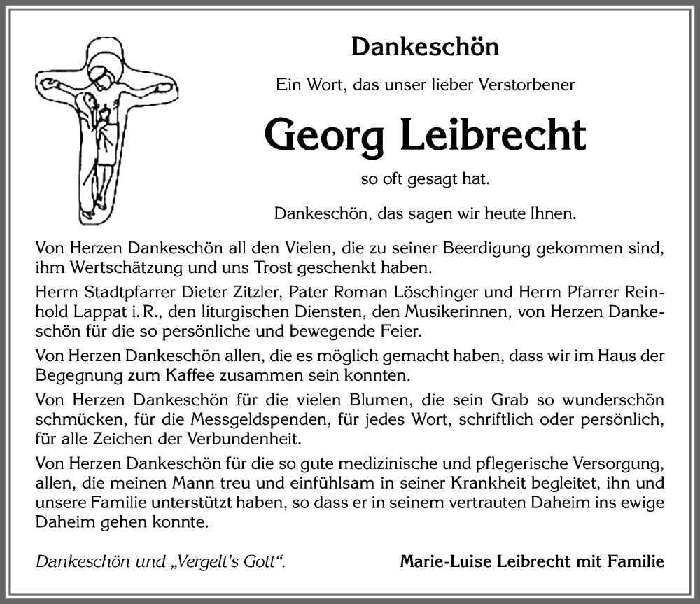 Traueranzeige von Georg Leibrecht von Allgäuer Zeitung, Kaufbeuren/Buchloe