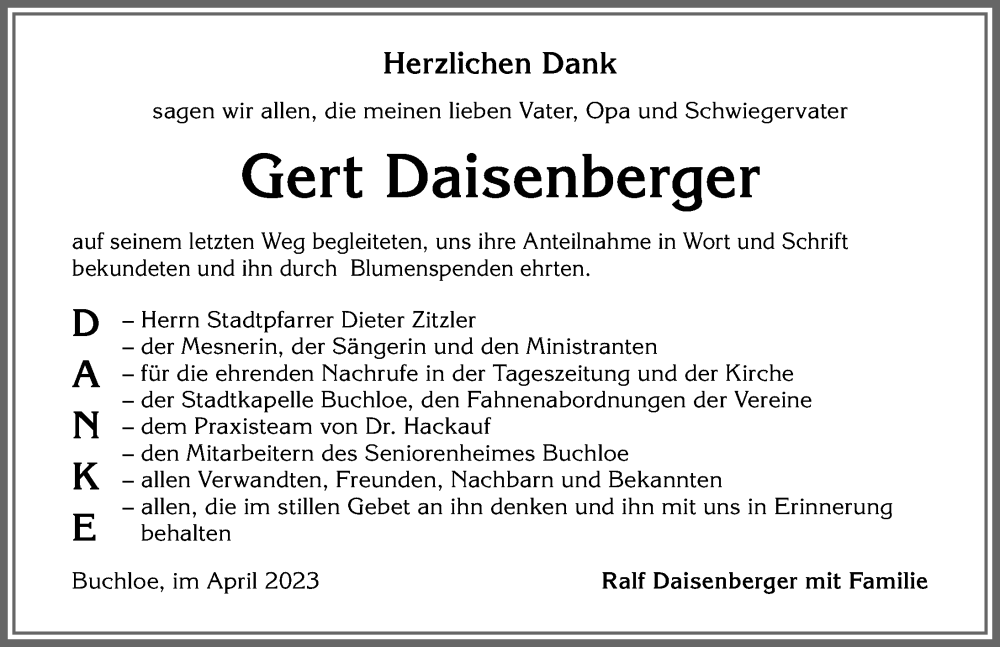 Traueranzeige von Gert Daisenberger von Allgäuer Zeitung, Kaufbeuren/Buchloe