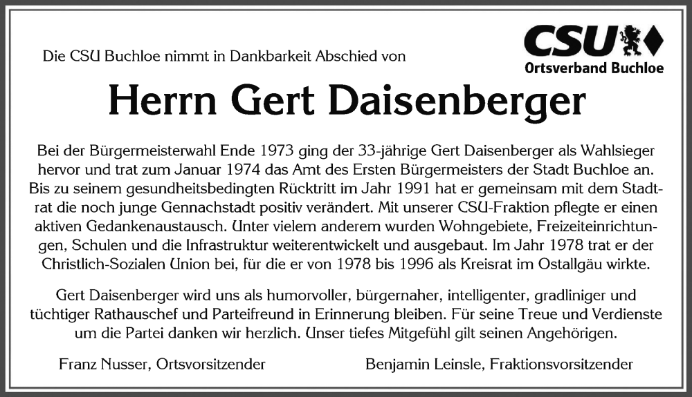 Traueranzeige von Gert Daisenberger von Allgäuer Zeitung, Kaufbeuren/Buchloe