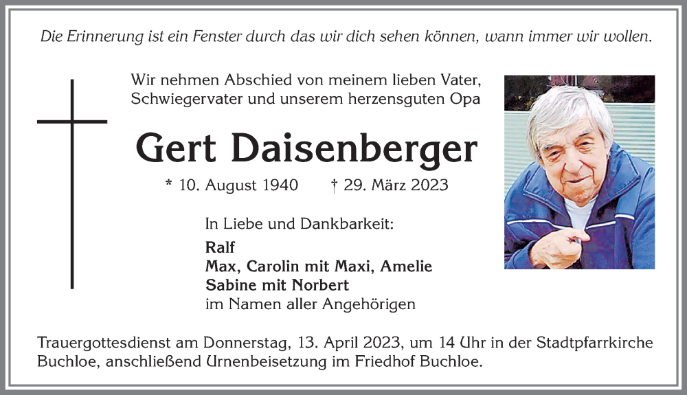 Traueranzeige von Gert Daisenberger von Allgäuer Zeitung, Kaufbeuren/Buchloe