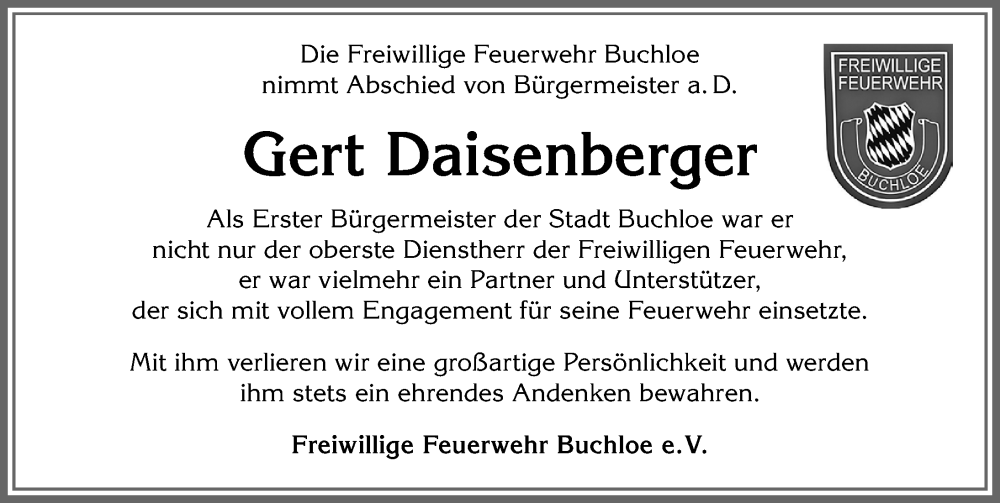 Traueranzeige von Gert Daisenberger von Allgäuer Zeitung, Kaufbeuren/Buchloe