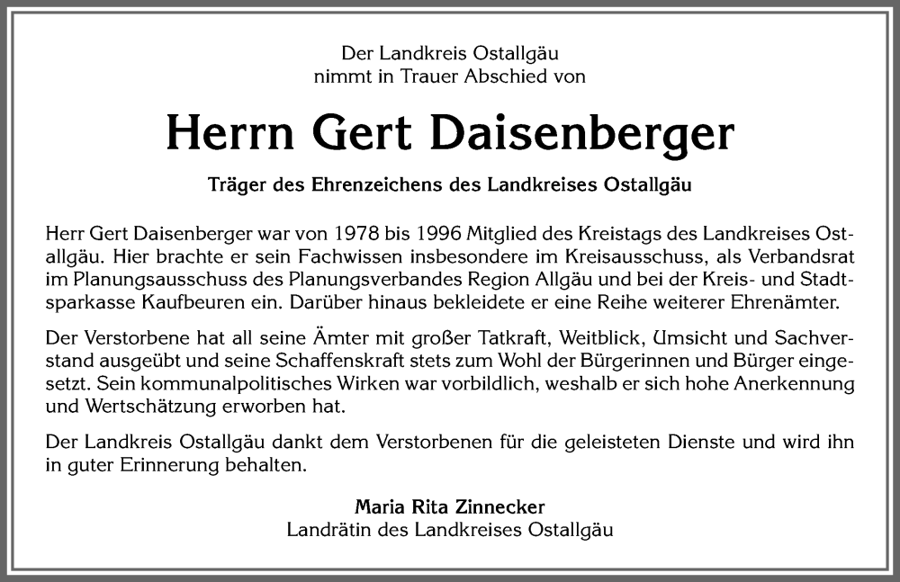 Traueranzeige von Gert Daisenberger von Allgäuer Zeitung, Kaufbeuren/Buchloe