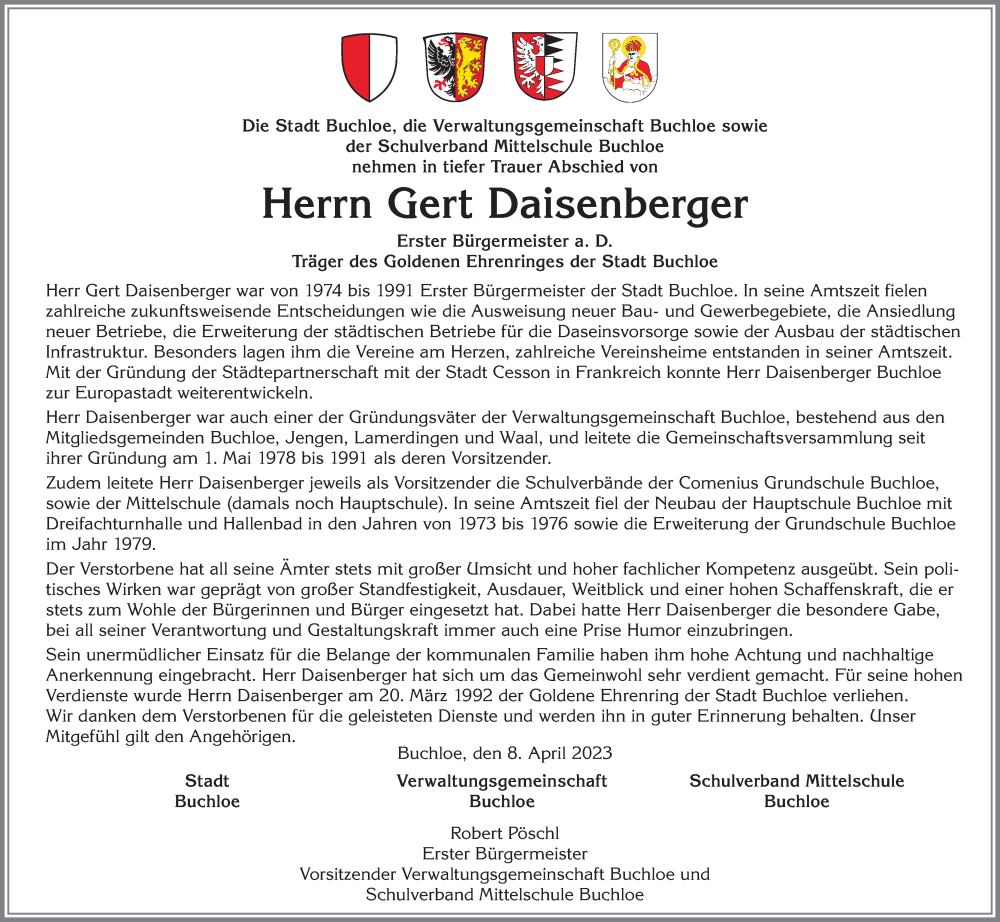 Traueranzeige von Gert Daisenberger von Allgäuer Zeitung, Kaufbeuren/Buchloe