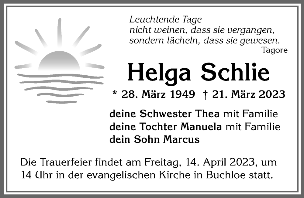 Traueranzeige von Helga Schlie von Allgäuer Zeitung, Kaufbeuren/Buchloe