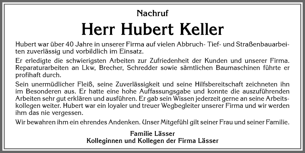  Traueranzeige für Hubert Keller vom 06.04.2023 aus Allgäuer Anzeigeblatt