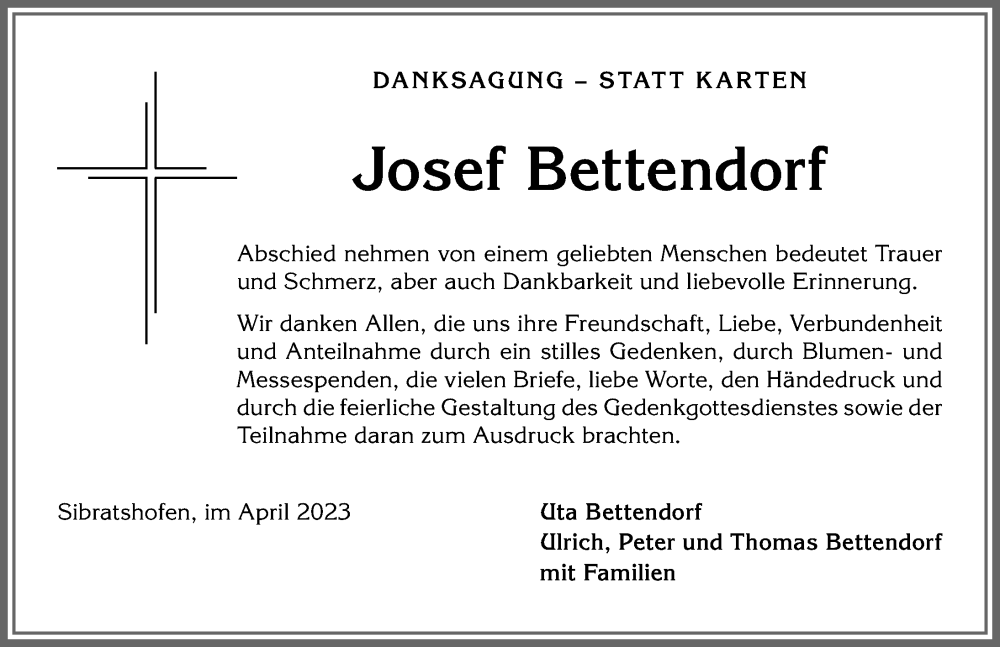 Traueranzeige von Josef Bettendorf von Allgäuer Zeitung,Kempten