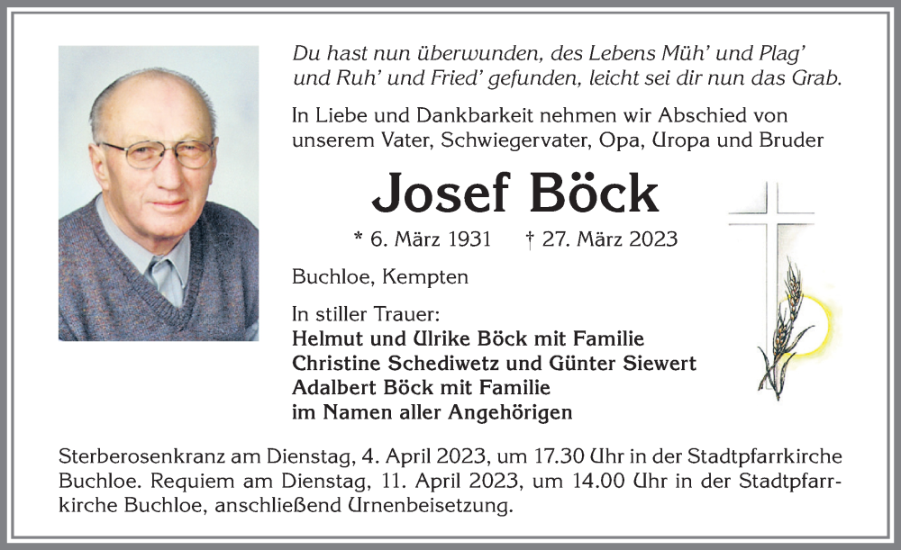 Traueranzeige von Josef Böck von Allgäuer Zeitung, Kaufbeuren/Buchloe