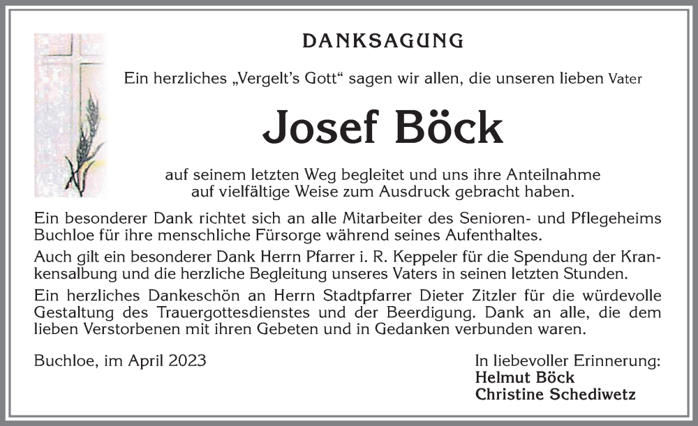 Traueranzeige von Josef Böck von Mindelheimer Zeitung, Augsburger Allgemeine