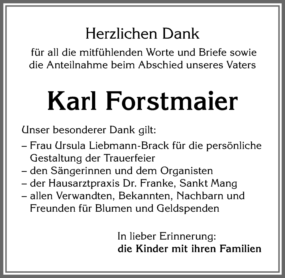 Traueranzeige von Karl Forstmaier von Allgäuer Zeitung,Kempten