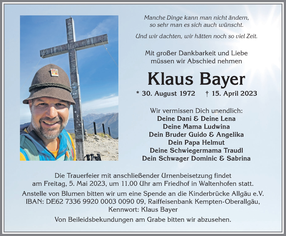 Traueranzeige von Klaus Bayer von Allgäuer Zeitung, Gesamtausgabe