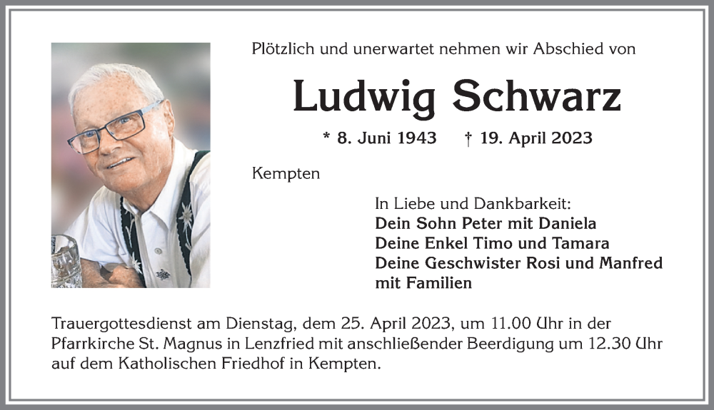 Traueranzeige von Ludwig Schwarz von Allgäuer Zeitung,Kempten