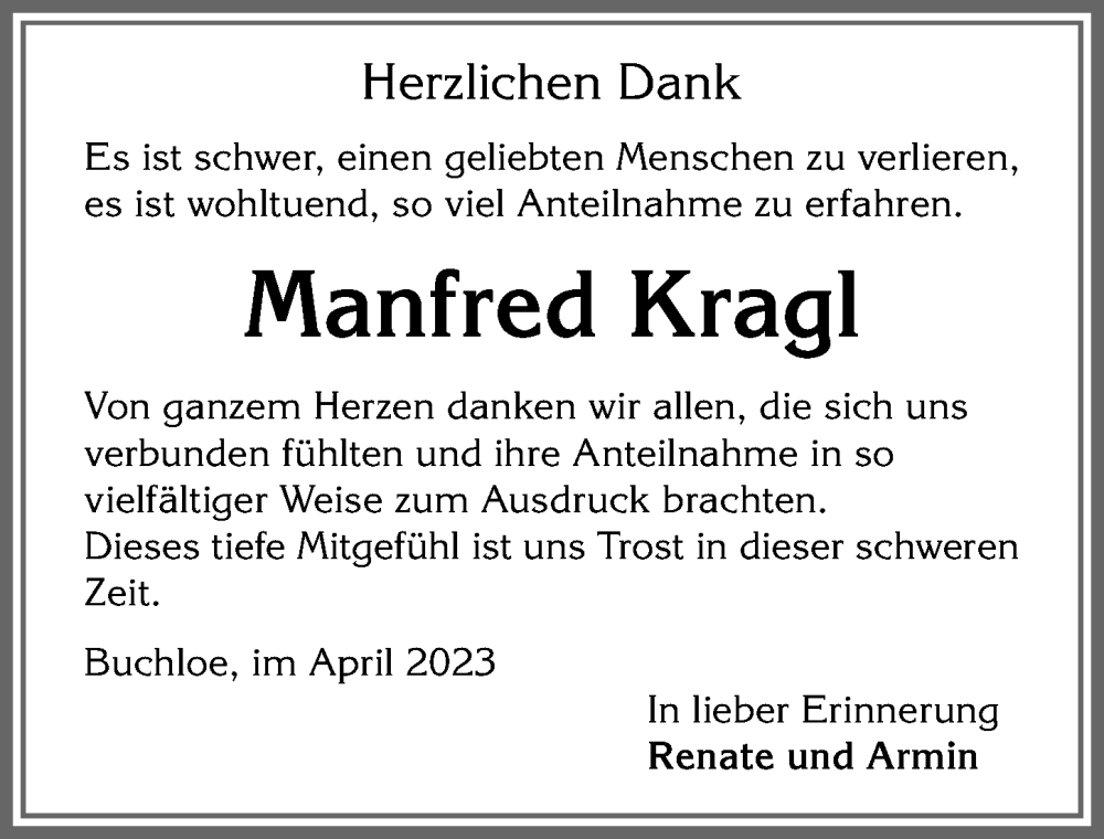 Traueranzeige von Manfred Kragl von Allgäuer Zeitung, Kaufbeuren/Buchloe