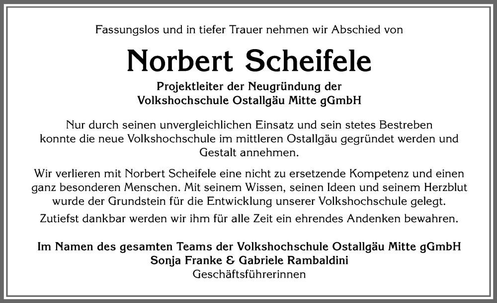  Traueranzeige für Norbert Scheifele vom 11.04.2023 aus Allgäuer Zeitung, Marktoberdorf
