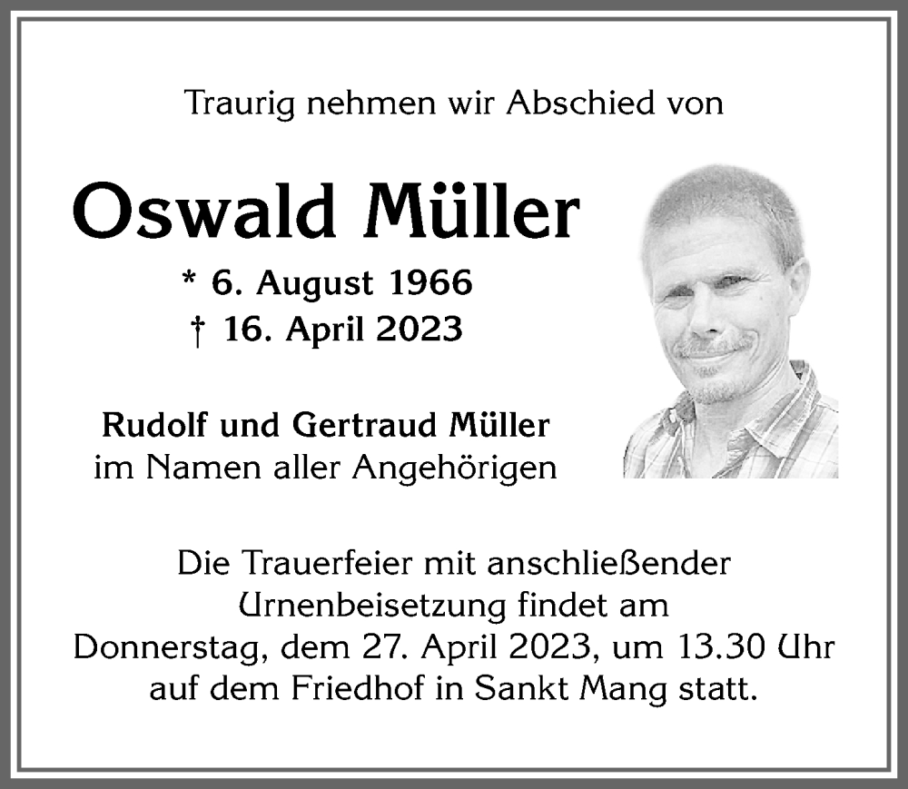 Traueranzeige von Oswald Müller von Allgäuer Zeitung,Kempten