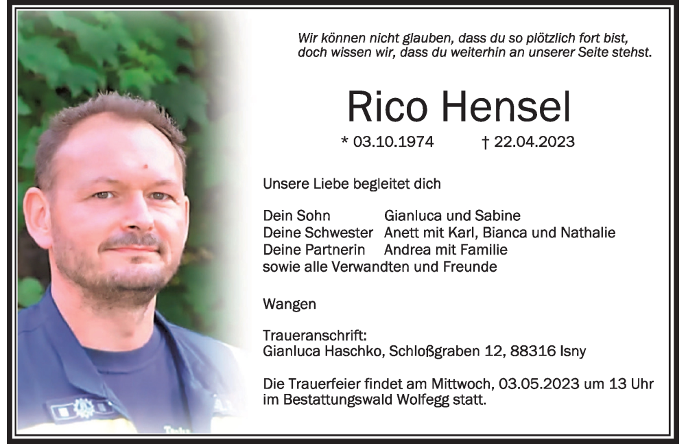  Traueranzeige für Rico Hensel vom 29.04.2023 aus Der Westallgäuer