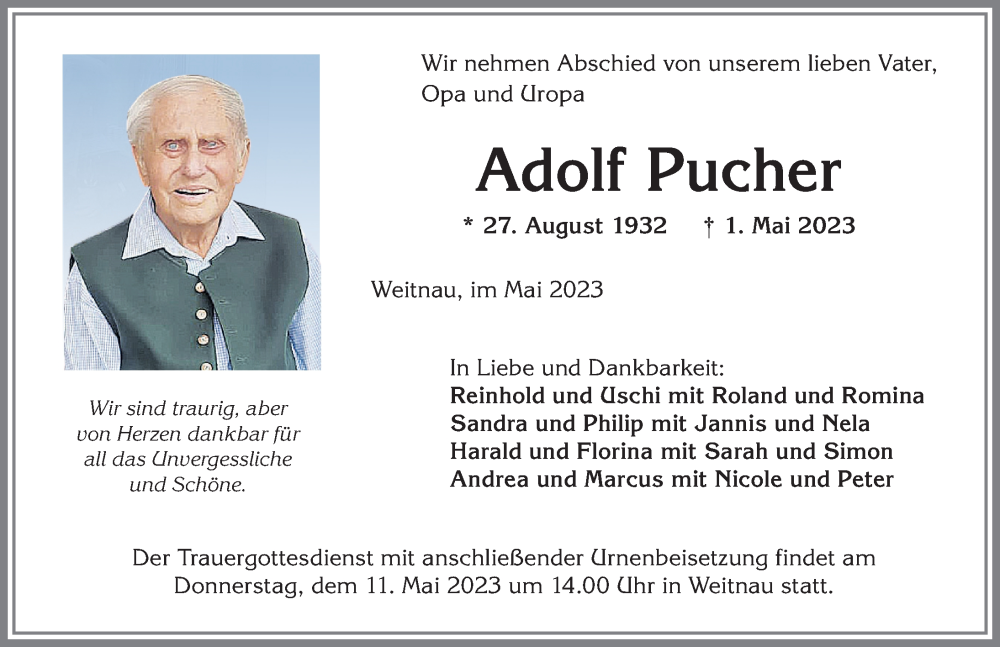 Traueranzeige von Adolf Pucher von Allgäuer Zeitung,Kempten