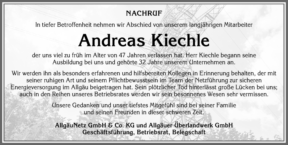 Traueranzeige von Andreas Kiechle von Allgäuer Zeitung,Kempten