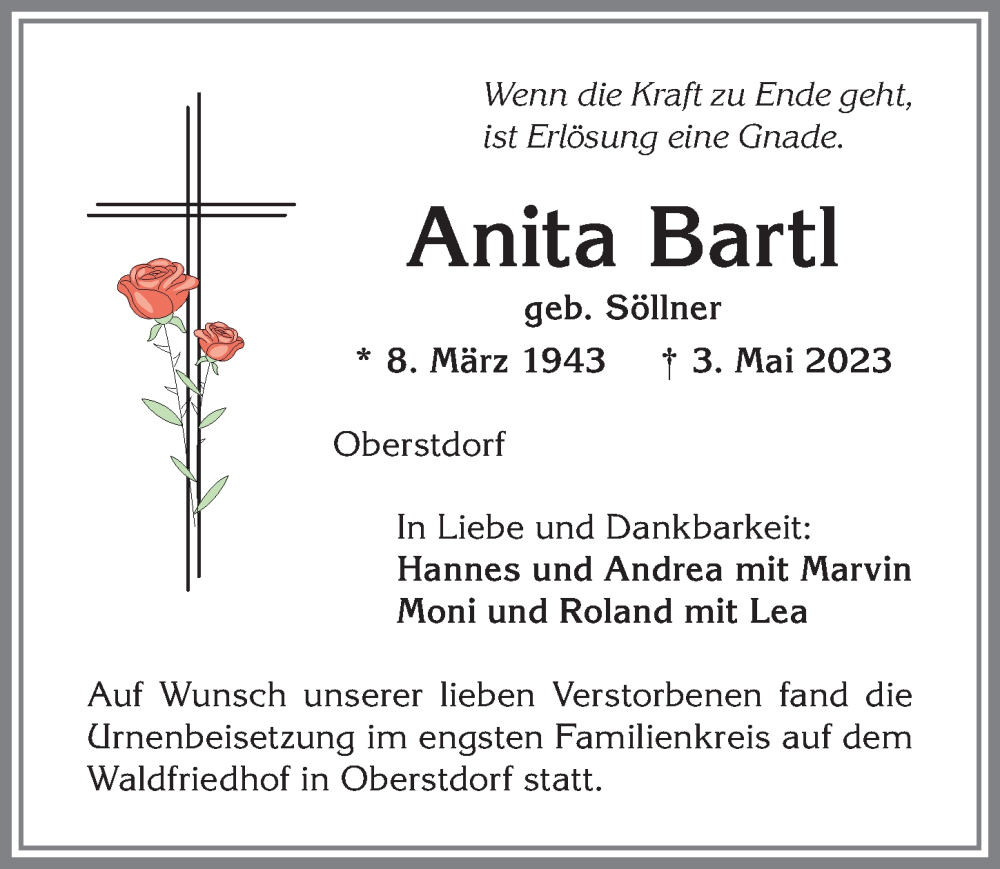 Traueranzeige von Anita Bartl von Allgäuer Anzeigeblatt