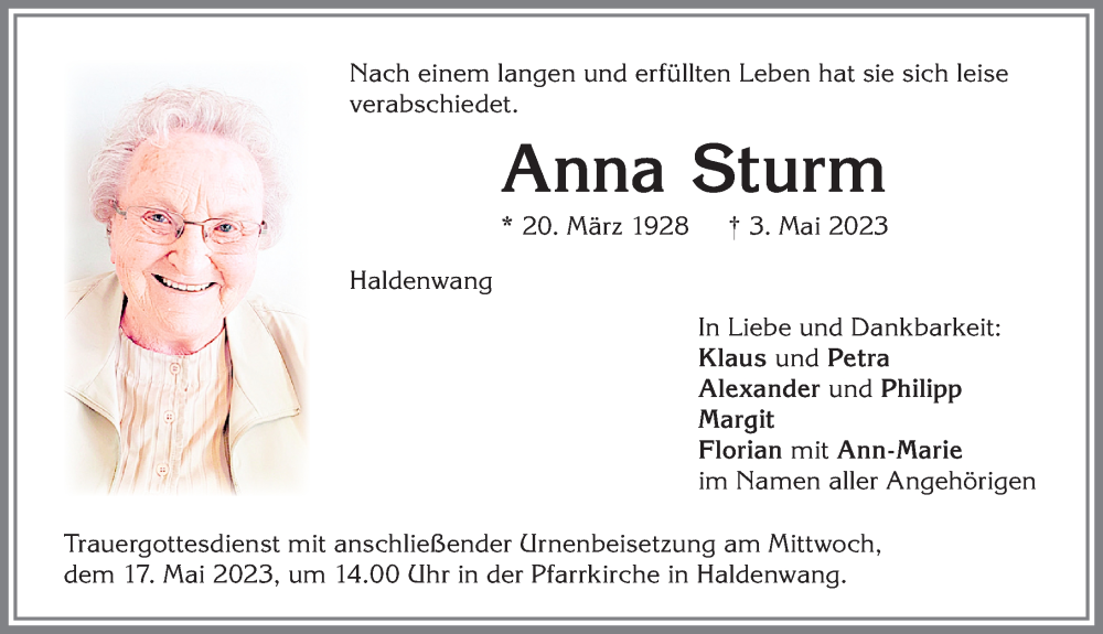 Traueranzeige von Anna Sturm von Allgäuer Zeitung,Kempten