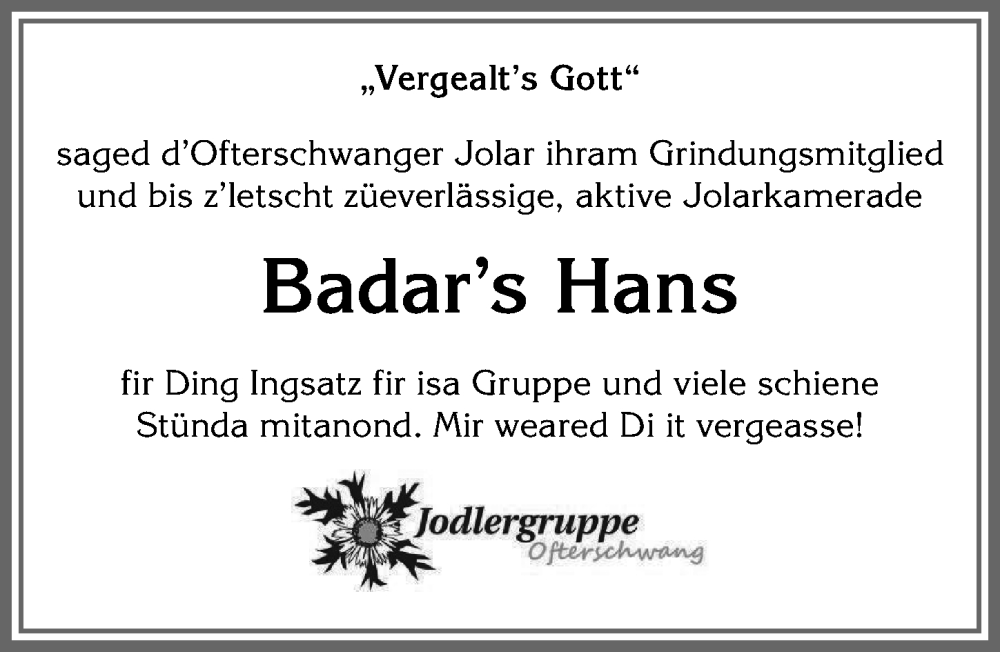 Traueranzeige von Badar’s Hans von Allgäuer Anzeigeblatt