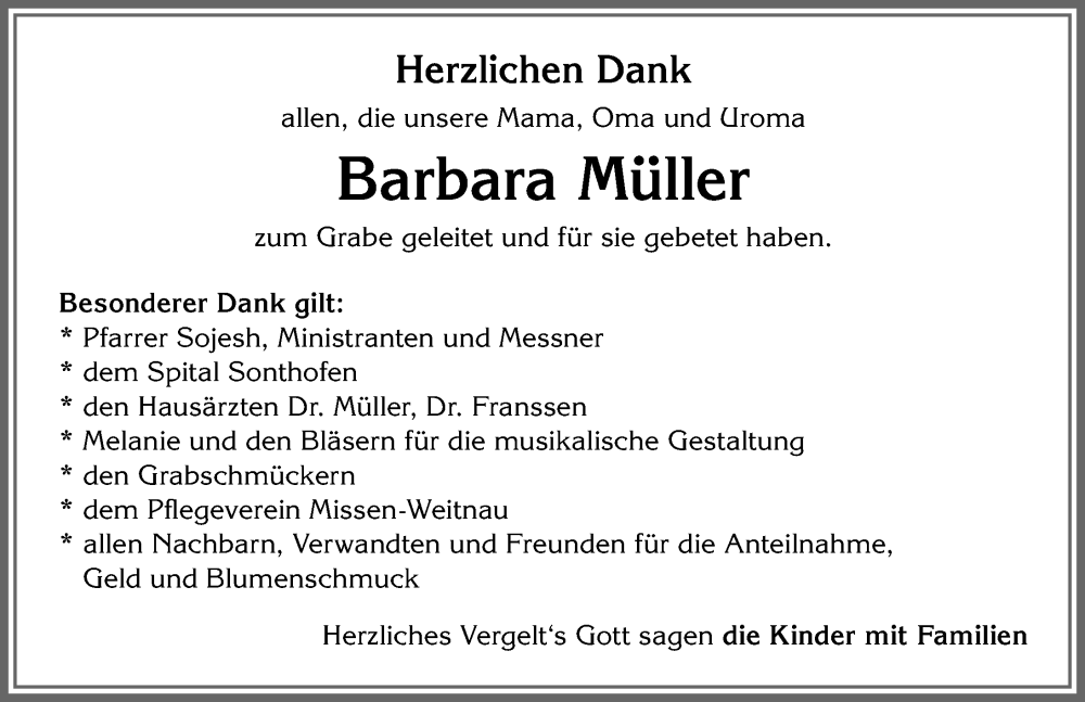 Traueranzeige von Barbara Müller von Allgäuer Anzeigeblatt