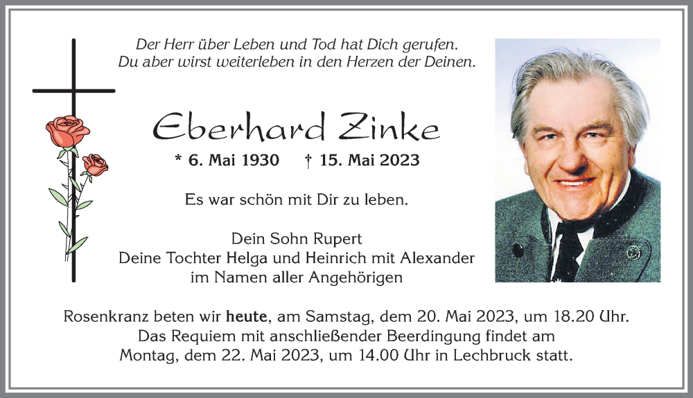 Traueranzeige von Eberhard Zinke von Allgäuer Zeitung, Füssen