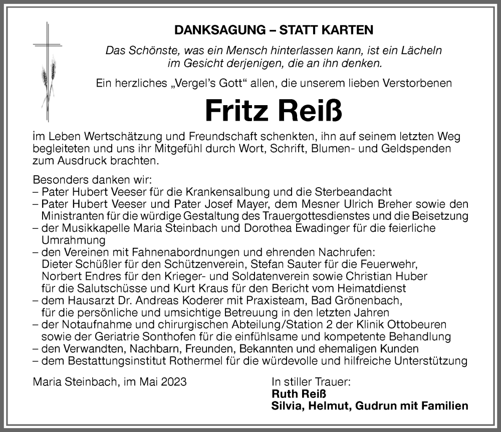 Traueranzeigen Von Fritz Reiß | Augsburger Allgemeine Zeitung