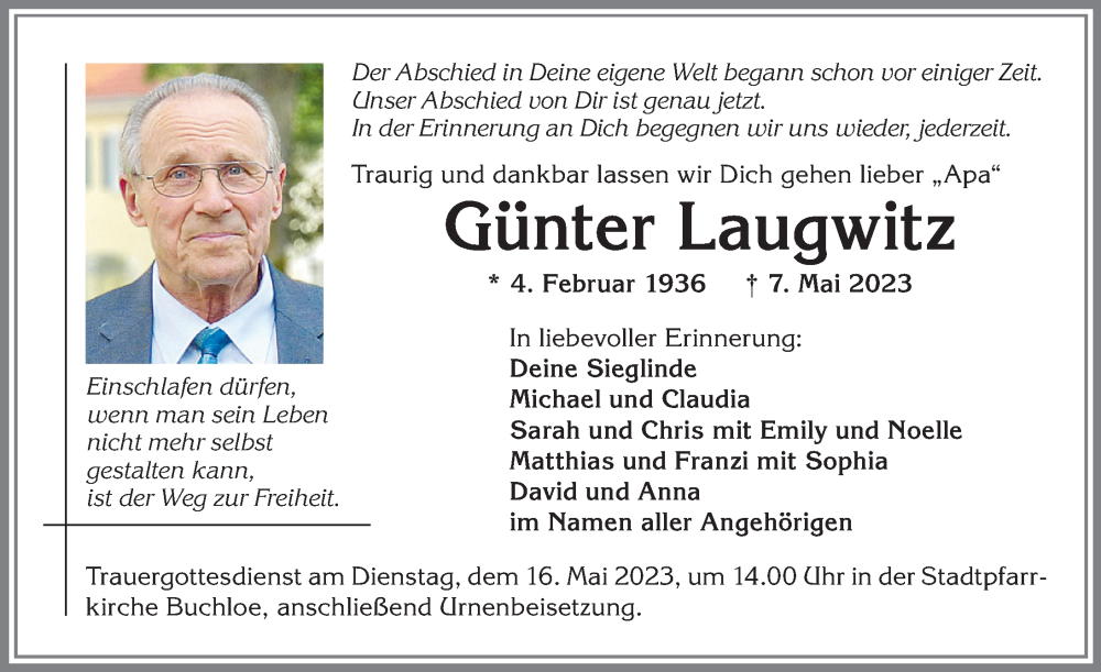 Traueranzeige von Günter Laugwitz von Allgäuer Zeitung, Kaufbeuren/Buchloe