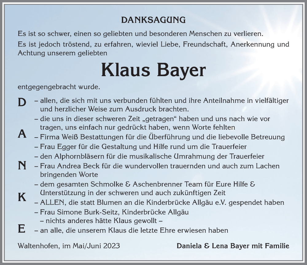 Traueranzeige von Klaus Bayer von Allgäuer Zeitung, Gesamtausgabe